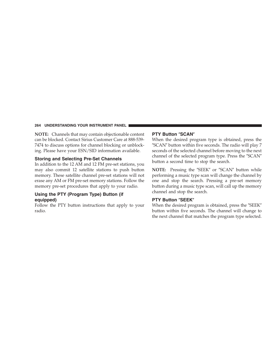 Storing and selecting pre-set channels, Using the pty (program type) button, If equipped) | Pty button љscanљ, Pty button љseekљ | Chrysler 2006 PT Cruiser Sedan User Manual | Page 264 / 464