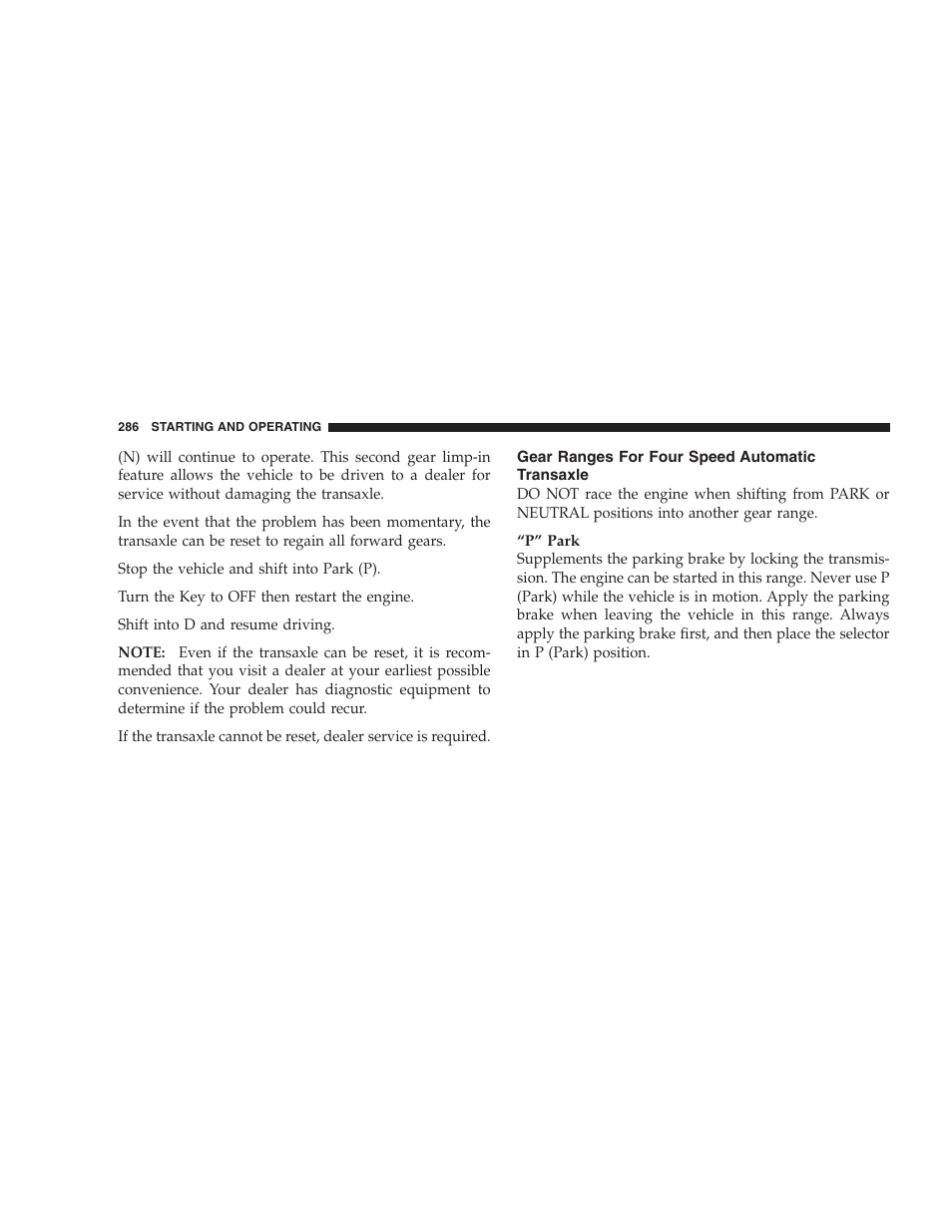 Gear ranges for four speed automatic, Transaxle | Chrysler 2006 PT Cruiser Sedan User Manual | Page 286 / 464
