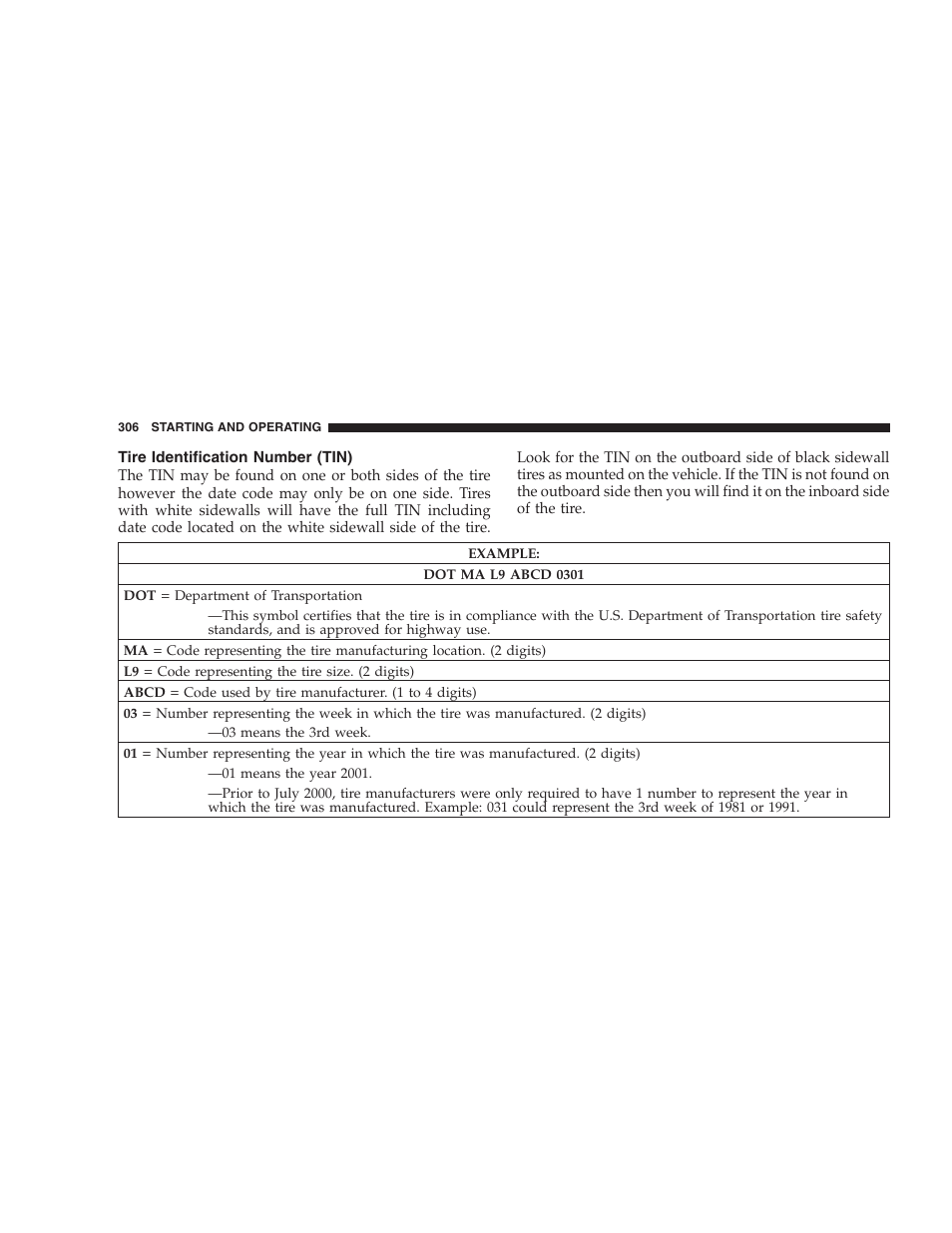 Tire identification number (tin) | Chrysler 2006 PT Cruiser Sedan User Manual | Page 306 / 464