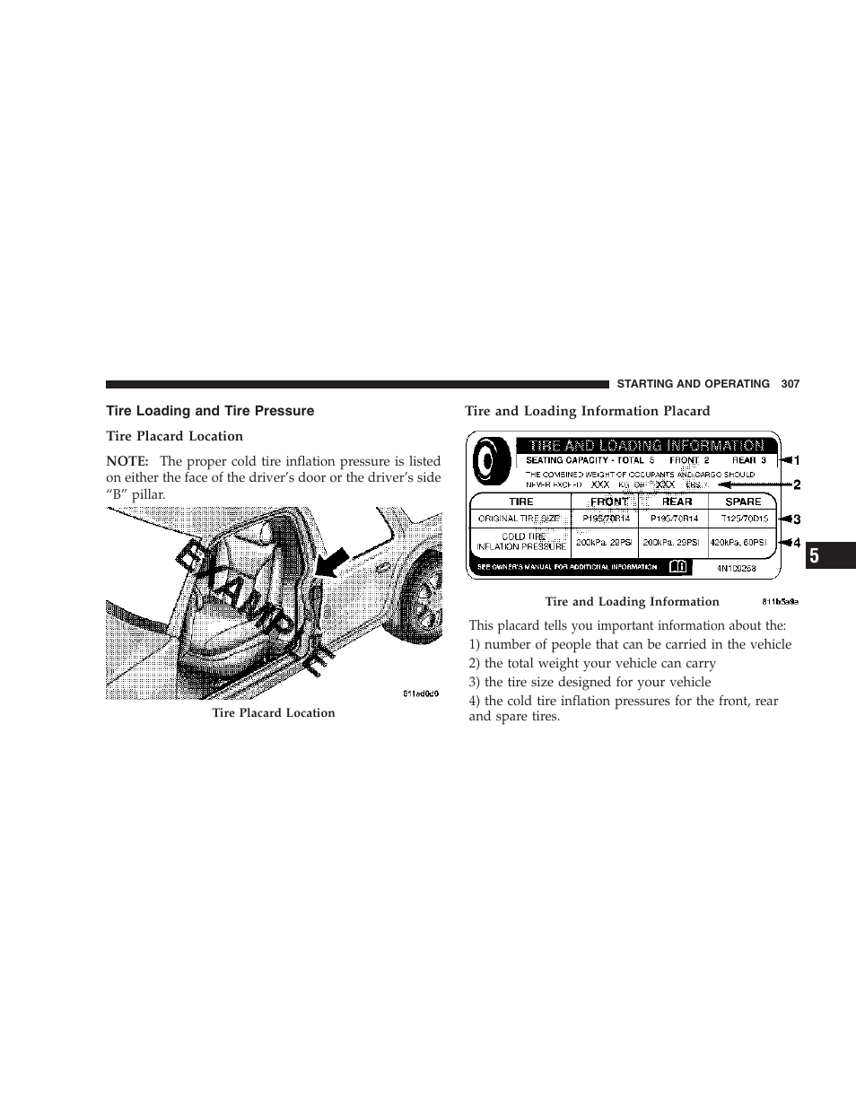 Tire loading and tire pressure | Chrysler 2006 PT Cruiser Sedan User Manual | Page 307 / 464