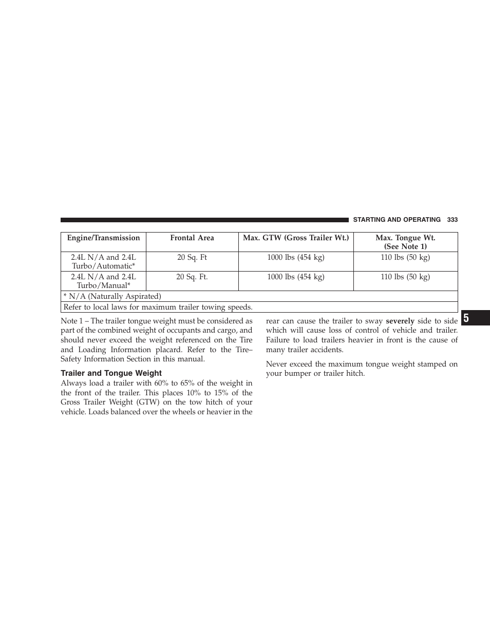 Trailer and tongue weight | Chrysler 2006 PT Cruiser Sedan User Manual | Page 333 / 464