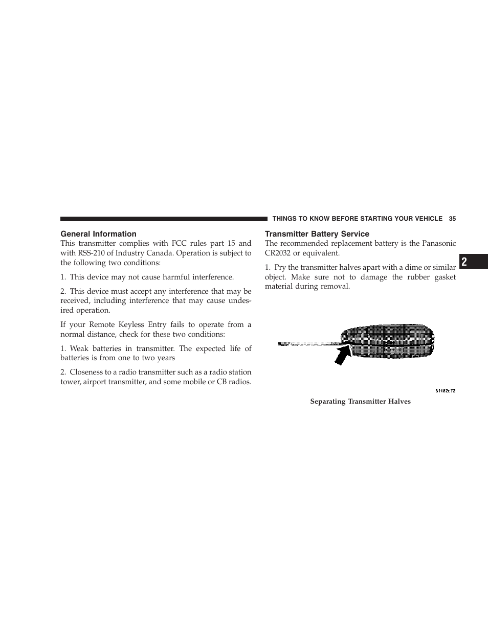 General information, Transmitter battery service | Chrysler 2006 PT Cruiser Sedan User Manual | Page 35 / 464