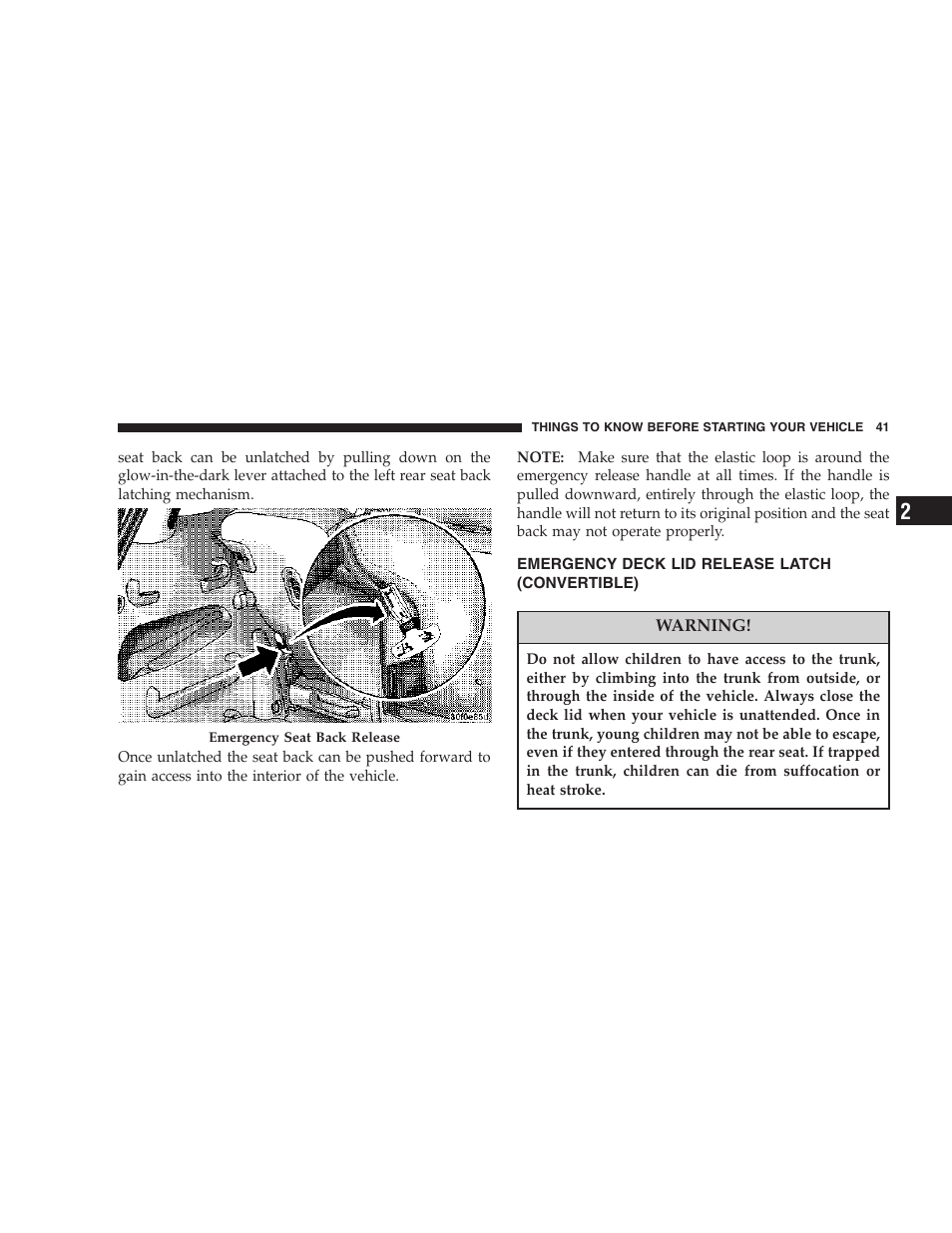 Emergency deck lid release latch, Convertible) | Chrysler 2006 PT Cruiser Sedan User Manual | Page 41 / 464