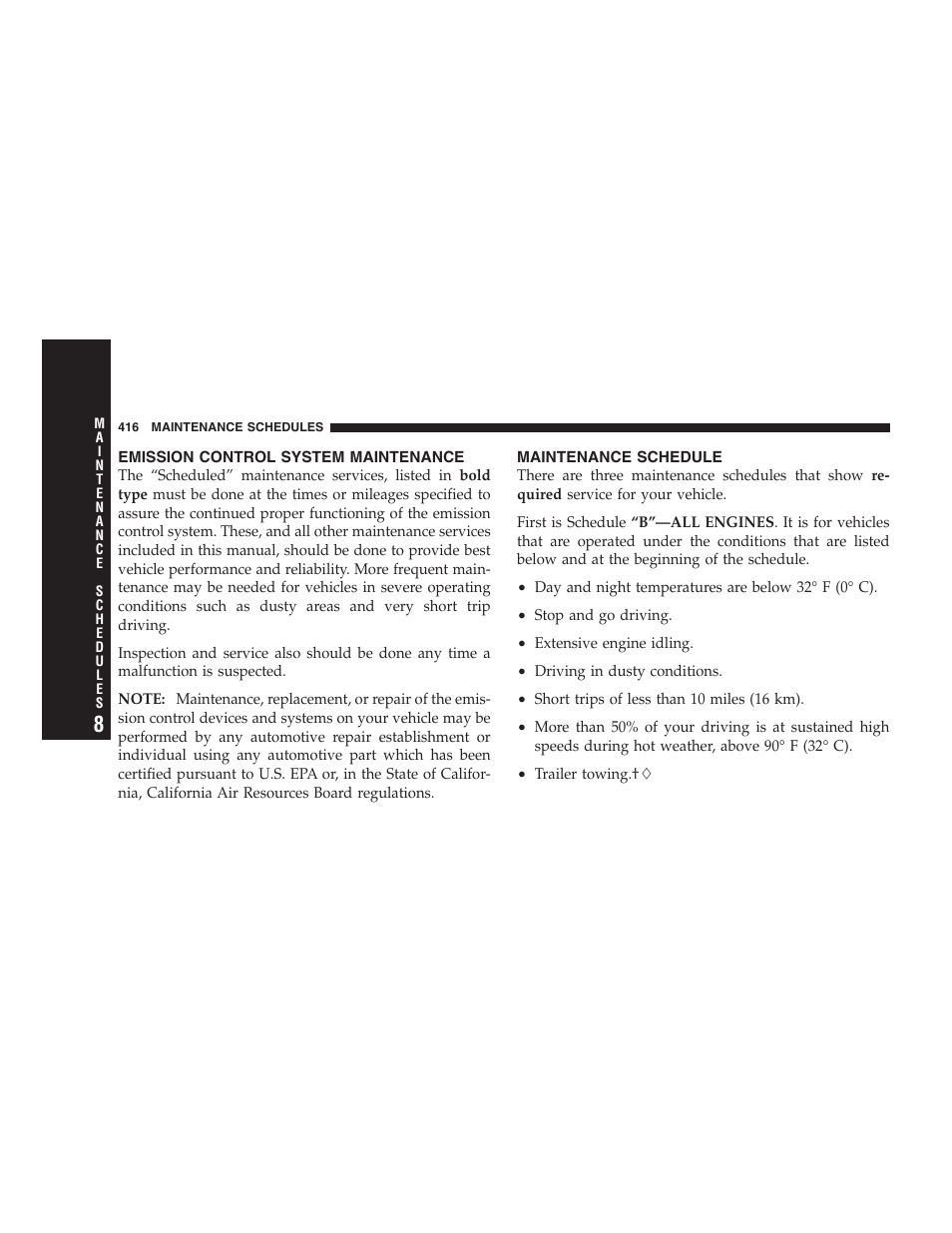Emission control system maintenance, Maintenance schedule | Chrysler 2006 PT Cruiser Sedan User Manual | Page 416 / 464