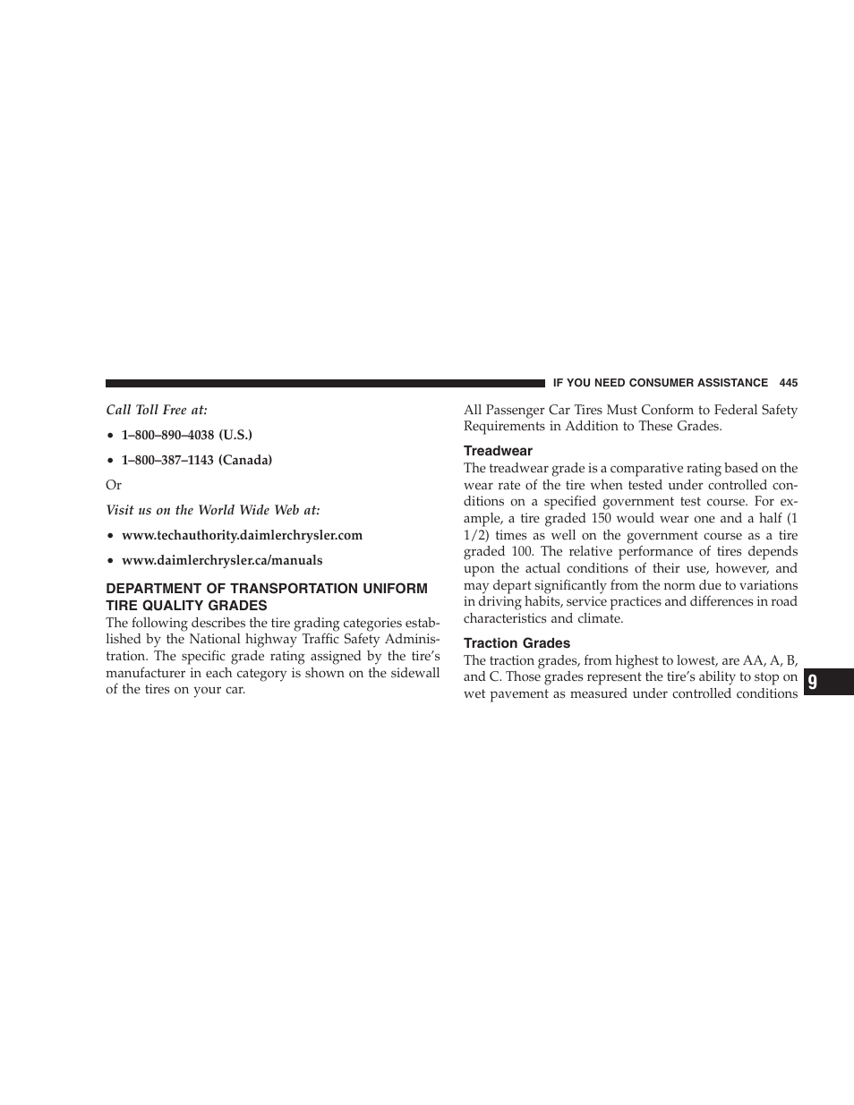 Department of transportation uniform tire, Quality grades, Treadwear | Traction grades | Chrysler 2006 PT Cruiser Sedan User Manual | Page 445 / 464