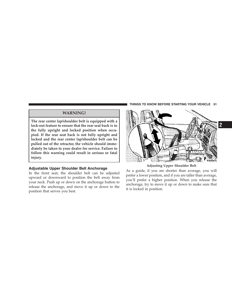 Adjustable upper shoulder belt anchorage | Chrysler 2006 PT Cruiser Sedan User Manual | Page 51 / 464