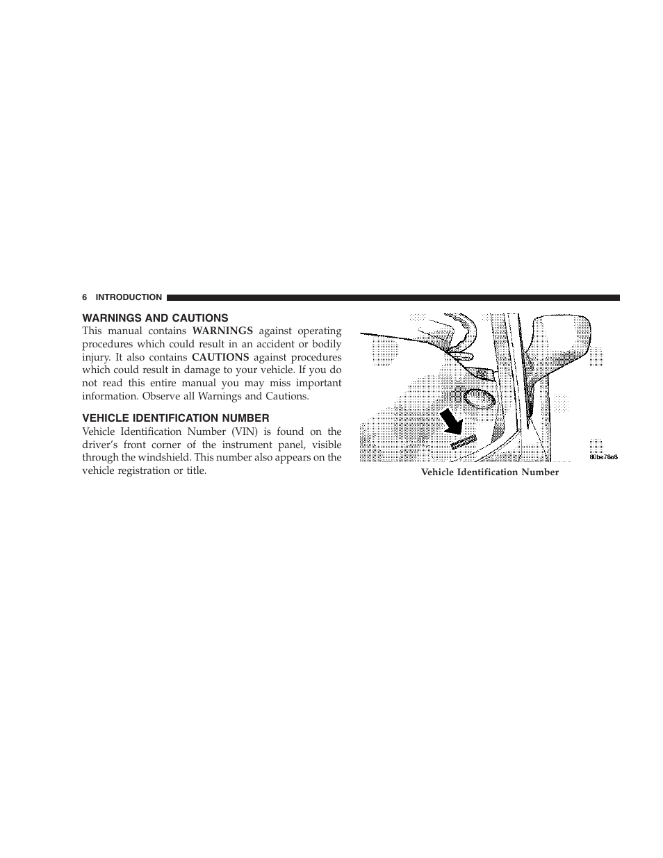 Warnings and cautions, Vehicle identification number | Chrysler 2006 PT Cruiser Sedan User Manual | Page 6 / 464
