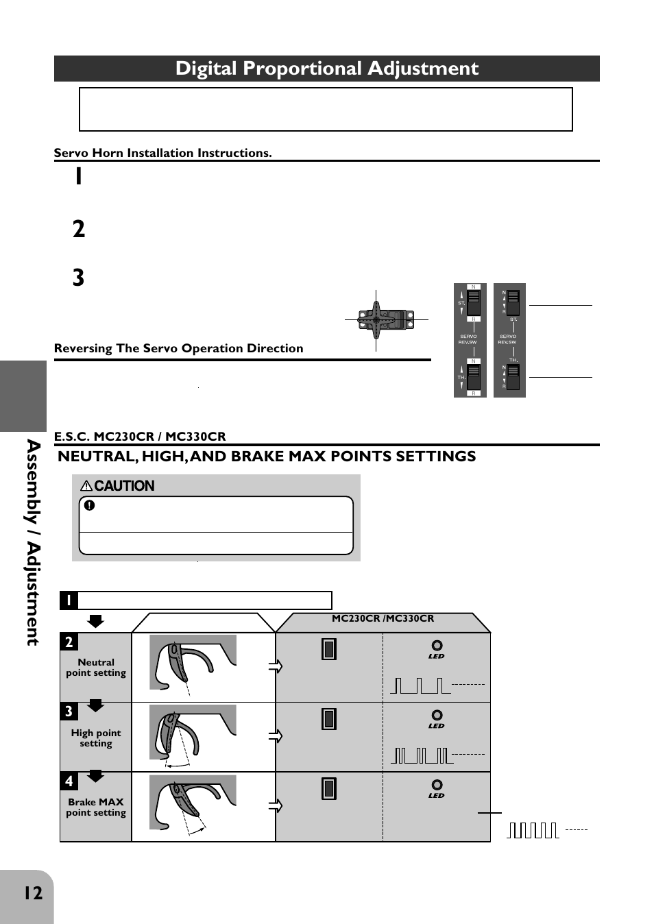 Digital proportional adjustment, 12 assembly / adjustment, Neutral, high, and brake max points settings | Futaba 2PHKA User Manual | Page 13 / 18