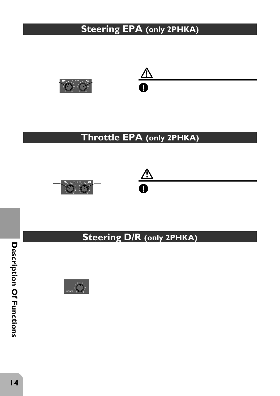 Warning, Throttle epa, Steering d/r | Steering epa, 14 description of functions, Only 2phka) | Futaba 2PHKA User Manual | Page 15 / 18