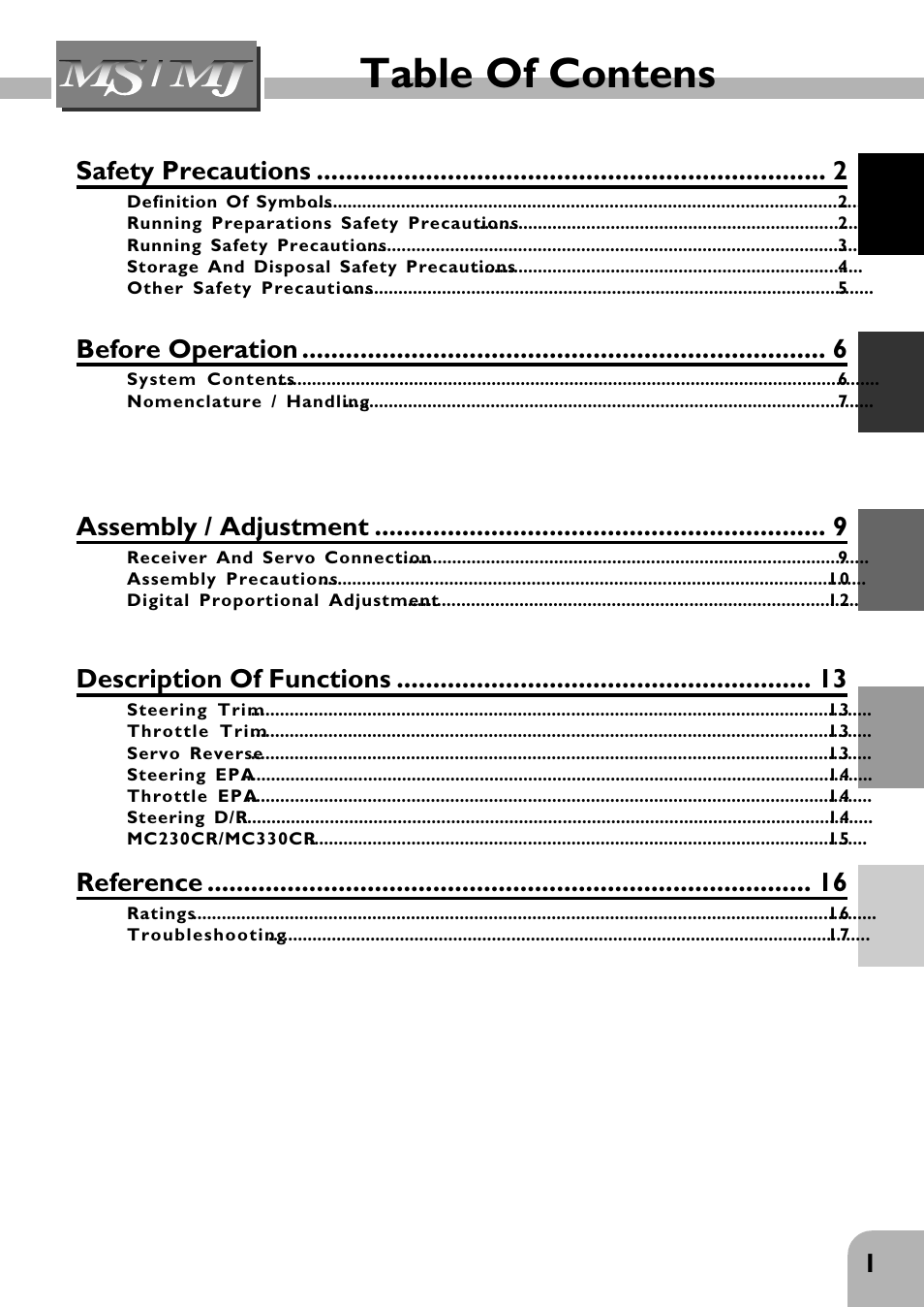 Table of contens, 1before operation, Assembly / adjustment | Safety precautions, Description of functions, Reference | Futaba 2PHKA User Manual | Page 2 / 18