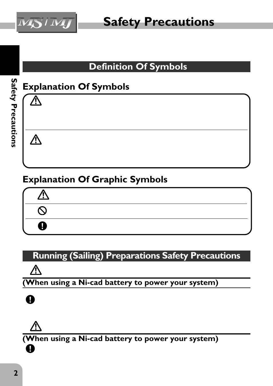 Safety precautions, Warning, Caution | Definition of symbols, Explanation of symbols, Explanation of graphic symbols, Running (sailing) preparations safety precautions | Futaba 2PHKA User Manual | Page 3 / 18