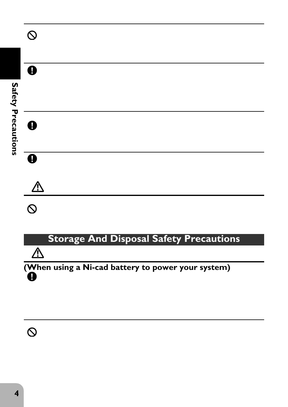 Caution, Warning, Storage and disposal safety precautions | 4safety precautions, When using a ni-cad battery to power your system) | Futaba 2PHKA User Manual | Page 5 / 18