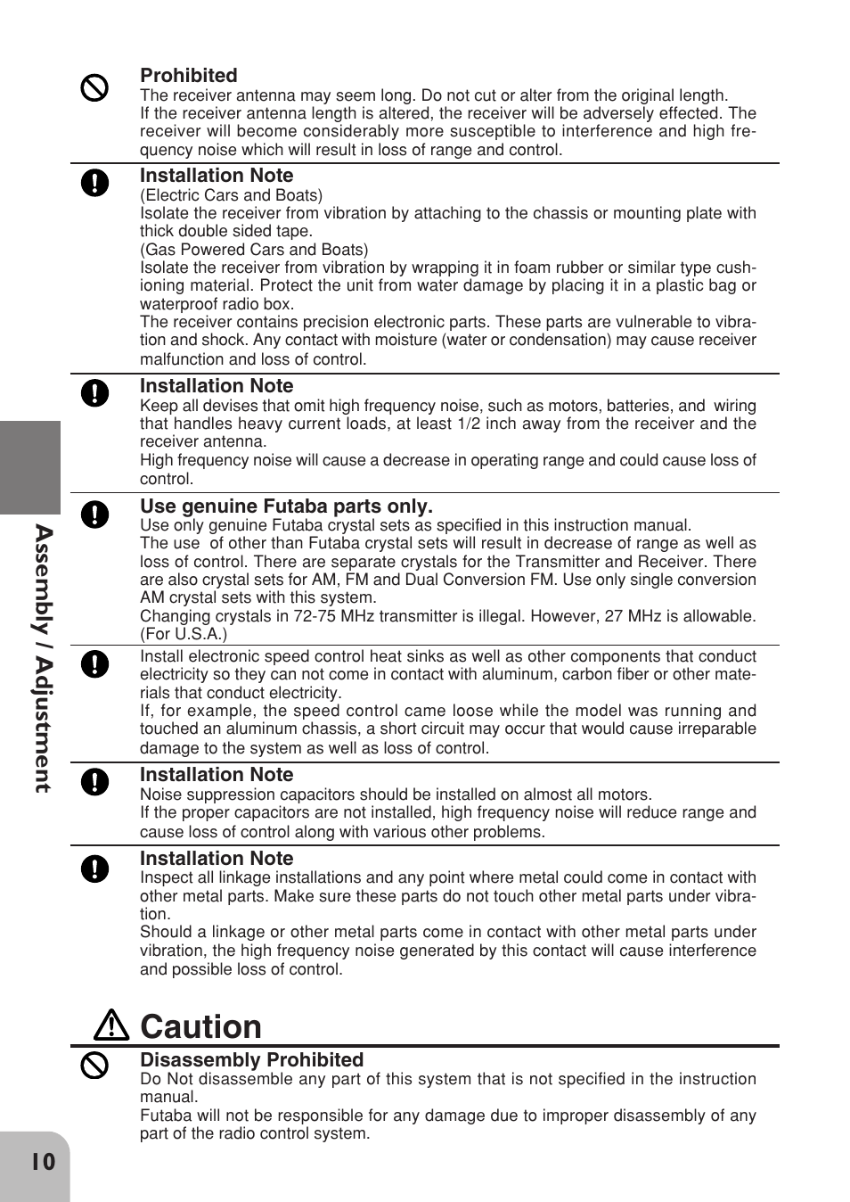 Caution, 10 assembly / adjustment | Futaba 2PL User Manual | Page 12 / 22