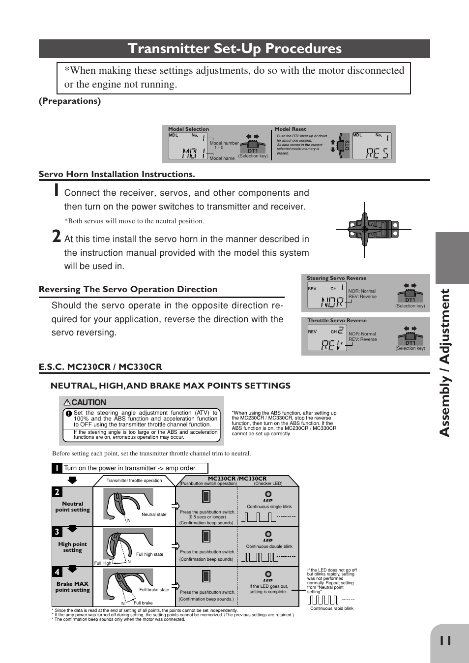Transmitter set-up procedures, 11 assembly / adjustment, Servo horn installation instructions | Preparations), Neutral, high, and brake max points settings | Futaba 2PL User Manual | Page 13 / 22