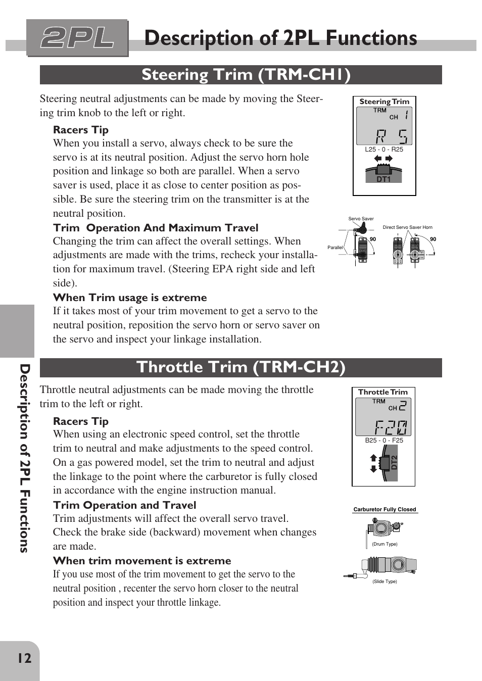 Description of 2pl functions, Steering trim (trm-ch1), Throttle trim (trm-ch2) | 12 description of 2pl functions | Futaba 2PL User Manual | Page 14 / 22