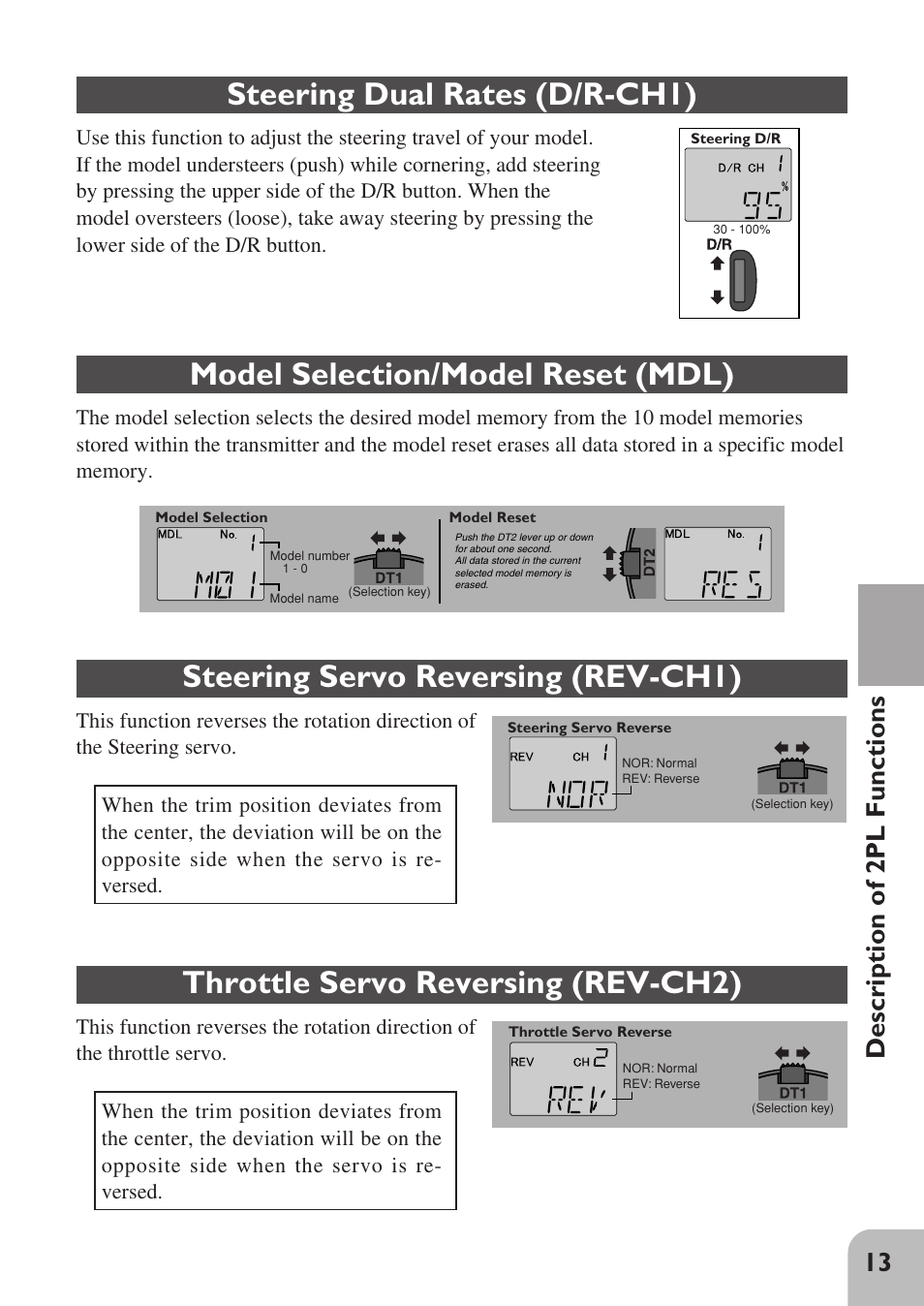 Steering dual rates (d/r-ch1), Steering servo reversing (rev-ch1), Model selection/model reset (mdl) | Throttle servo reversing (rev-ch2), 13 description of 2pl functions | Futaba 2PL User Manual | Page 15 / 22
