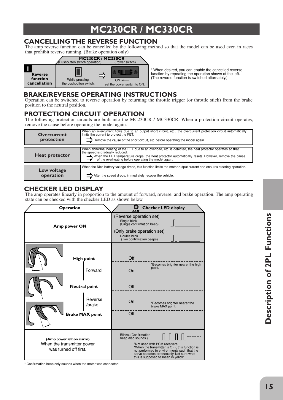 15 description of 2pl functions, Brake/reverse operating instructions, Cancelling the reverse function | Checker led display, Protection circuit operation | Futaba 2PL User Manual | Page 17 / 22