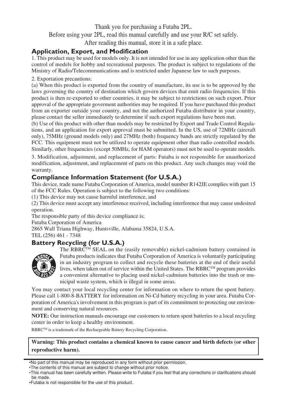 Compliance information statement (for u.s.a.), Battery recycling (for u.s.a.) | Futaba 2PL User Manual | Page 2 / 22