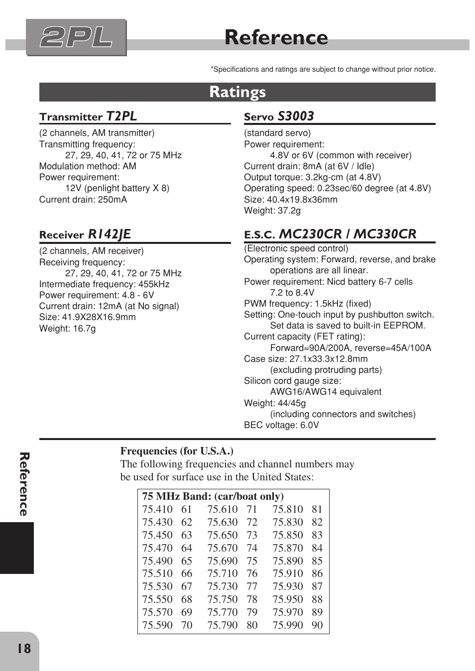 Reference, Ratings, 18 reference | T2pl, R142je, S3003 | Futaba 2PL User Manual | Page 20 / 22