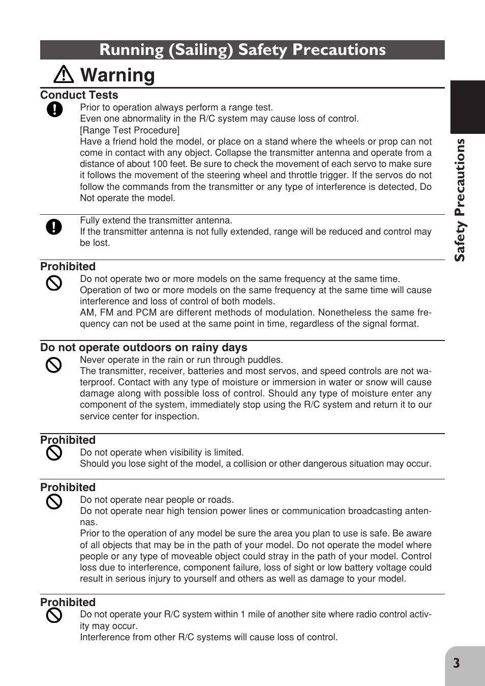 Warning, Running (sailing) safety precautions, 3safety precautions | Futaba 2PL User Manual | Page 5 / 22