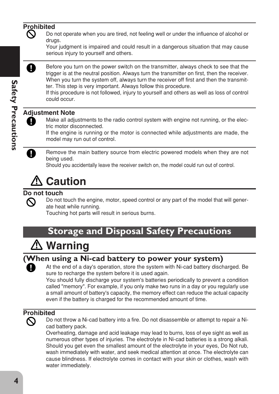 Caution, Warning, Storage and disposal safety precautions | 4safety precautions, When using a ni-cad battery to power your system) | Futaba 2PL User Manual | Page 6 / 22