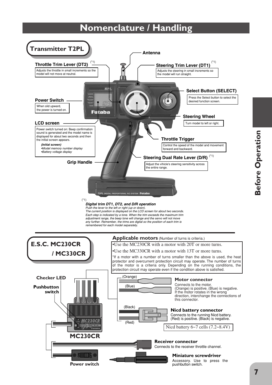 Nomenclature / handling, 7before operation, Transmitter t2pl | Mc230cr | Futaba 2PL User Manual | Page 9 / 22