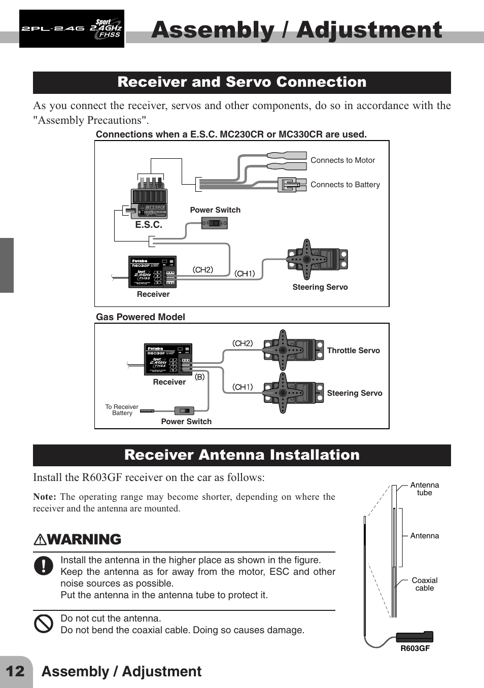 Assembly / adjustment, 12 assembly / adjustment, Receiver and servo connection | Receiver antenna installation, Ｎwarning | Futaba 2PL 2.4GHz FHSS Sport User Manual | Page 12 / 26