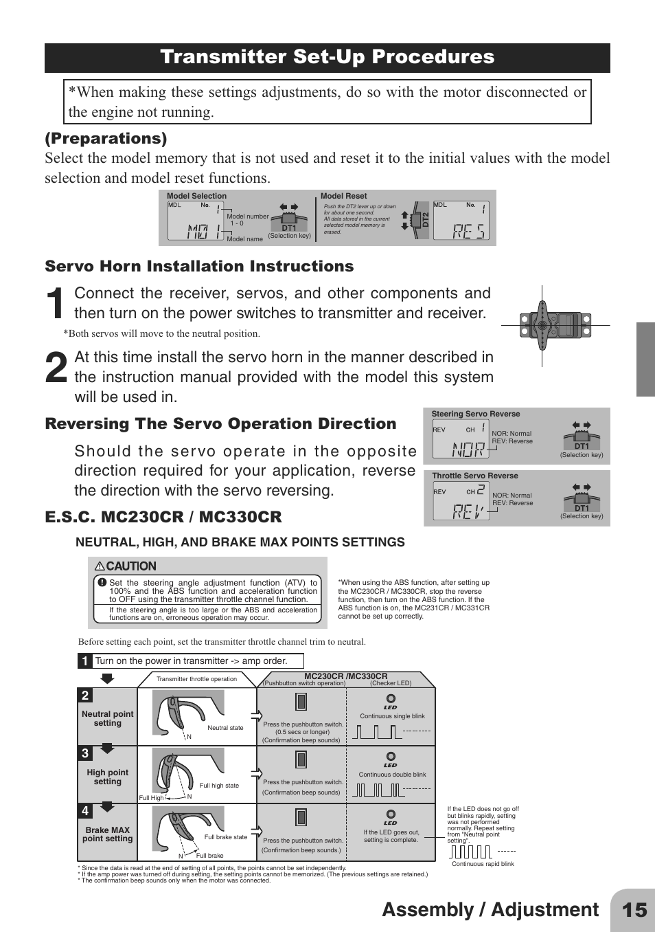 Servo horn installation instructions, Neutral, high, and brake max points settings | Futaba 2PL 2.4GHz FHSS Sport User Manual | Page 15 / 26