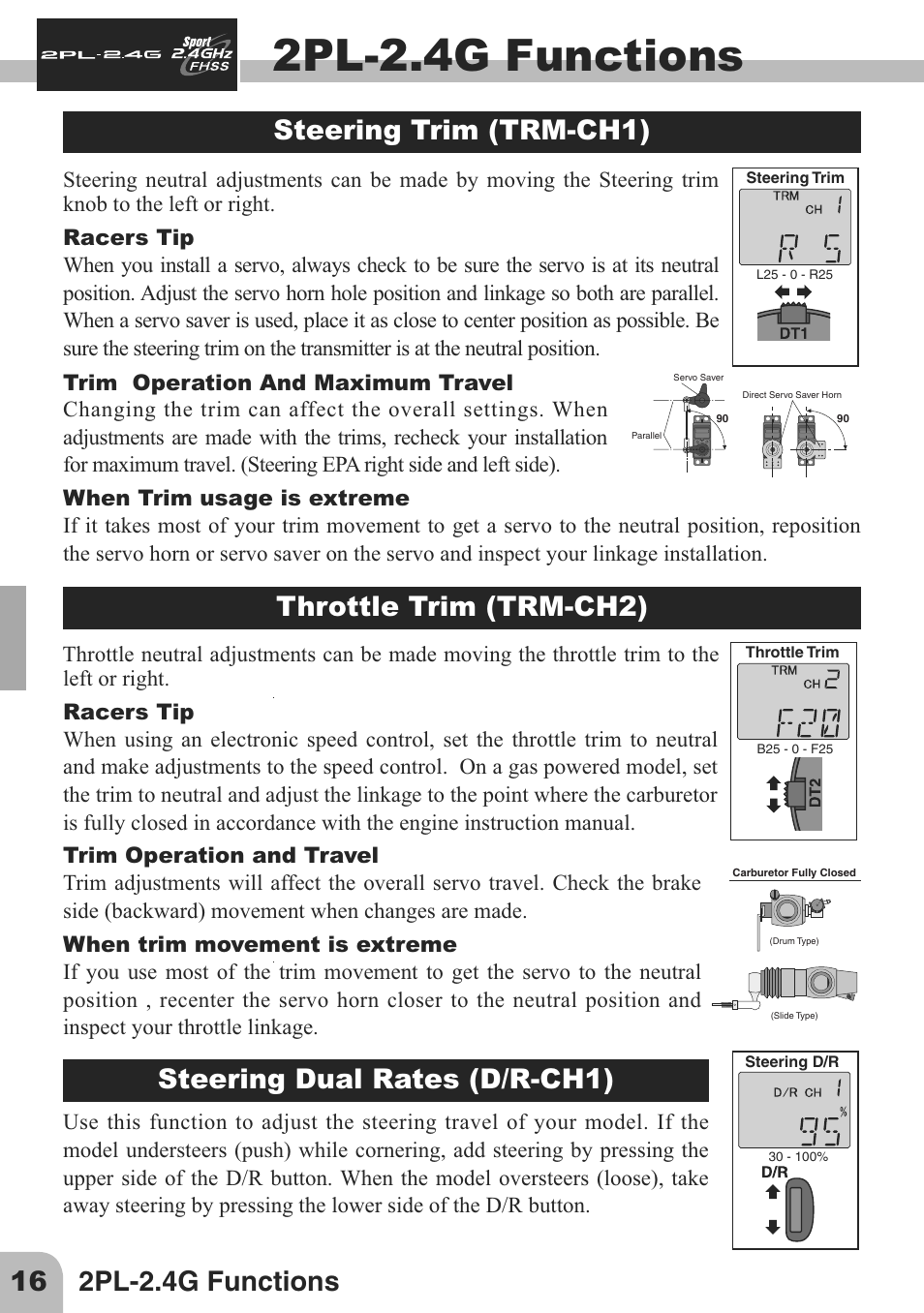 2pl-2.4g functions, Steering trim (trm-ch1), Throttle trim (trm-ch2) | Steering dual rates (d/r-ch1) | Futaba 2PL 2.4GHz FHSS Sport User Manual | Page 16 / 26