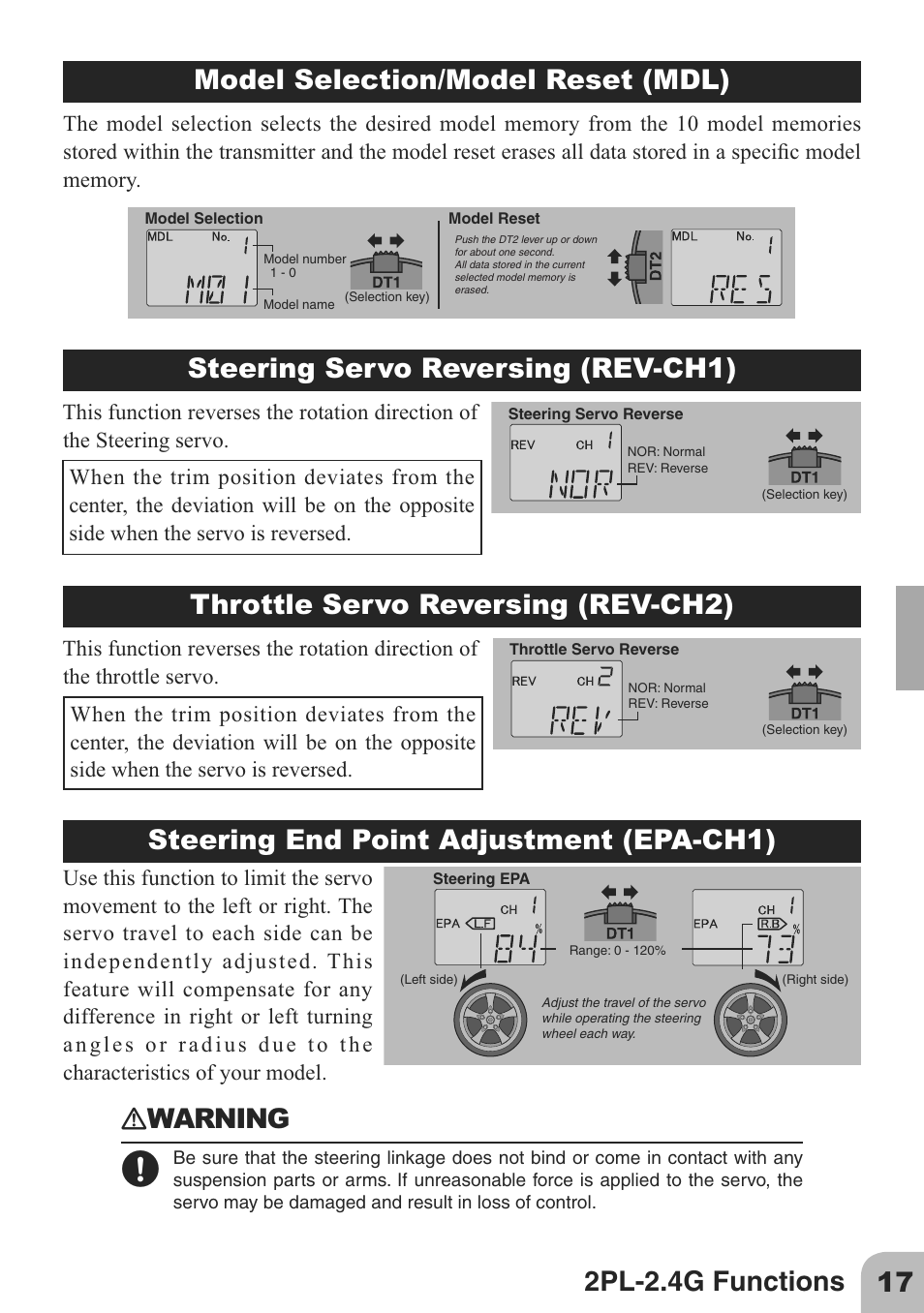 Model selection/model reset (mdl), Throttle servo reversing (rev-ch2), Steering end point adjustment (epa-ch1) | Ｎwarning | Futaba 2PL 2.4GHz FHSS Sport User Manual | Page 17 / 26