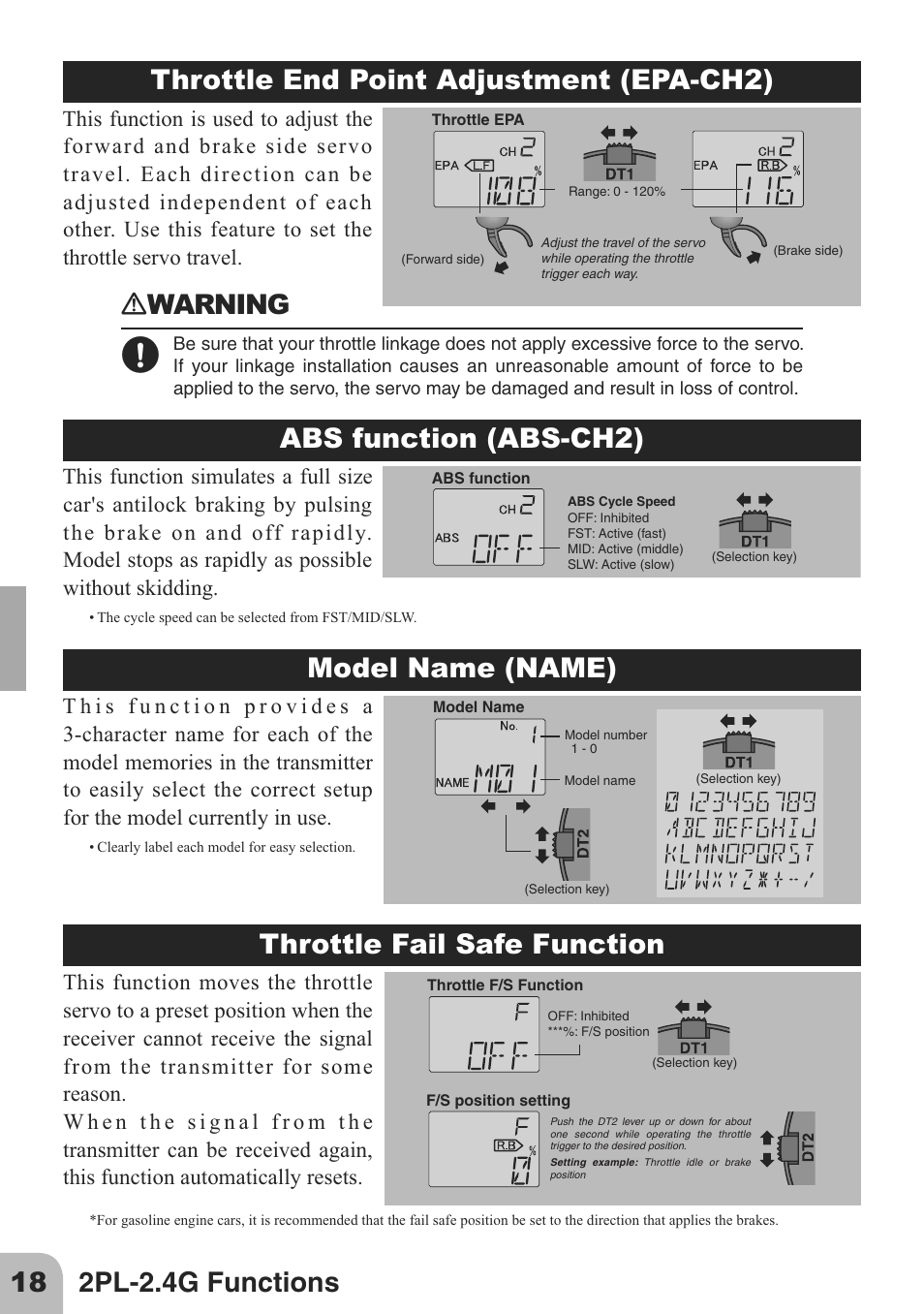 Abs function (abs-ch2), Model name (name), Ｎwarning | Throttle fail safe function | Futaba 2PL 2.4GHz FHSS Sport User Manual | Page 18 / 26