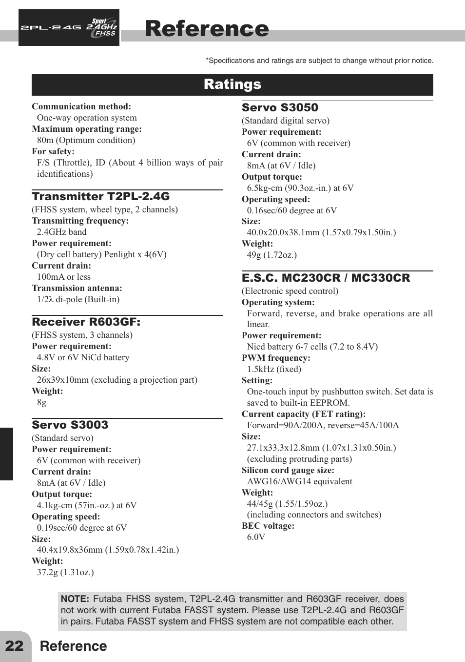 Reference, 22 reference, Ratings | Futaba 2PL 2.4GHz FHSS Sport User Manual | Page 22 / 26