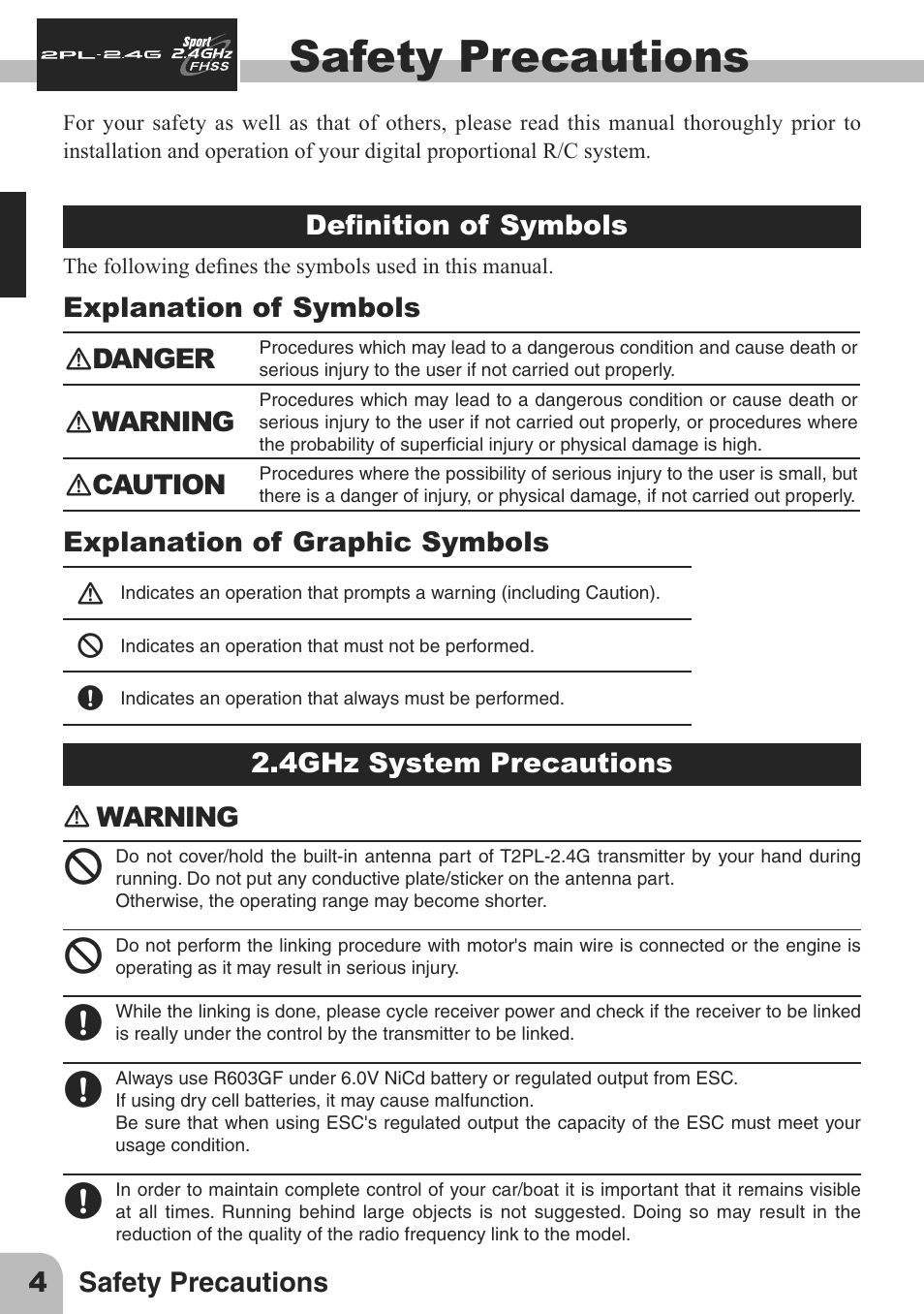 Safety precautions | Futaba 2PL 2.4GHz FHSS Sport User Manual | Page 4 / 26