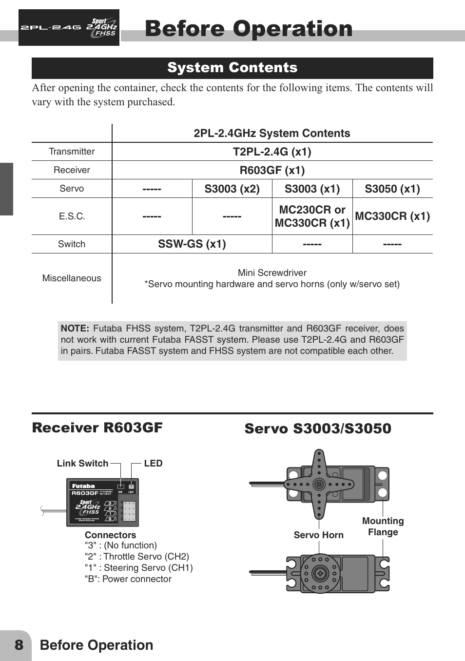 Before operation, 8before operation, System contents | Futaba 2PL 2.4GHz FHSS Sport User Manual | Page 8 / 26