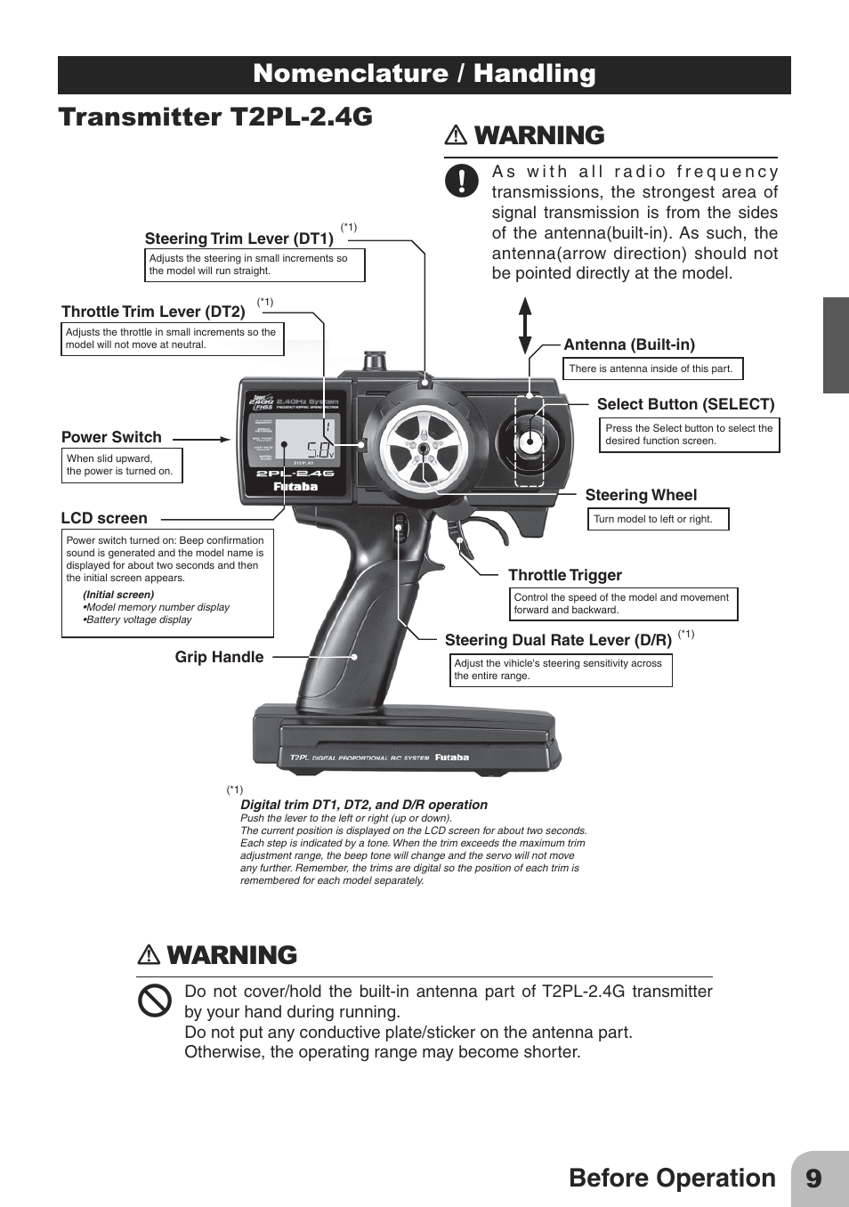 9before operation, Ｎ warning | Futaba 2PL 2.4GHz FHSS Sport User Manual | Page 9 / 26