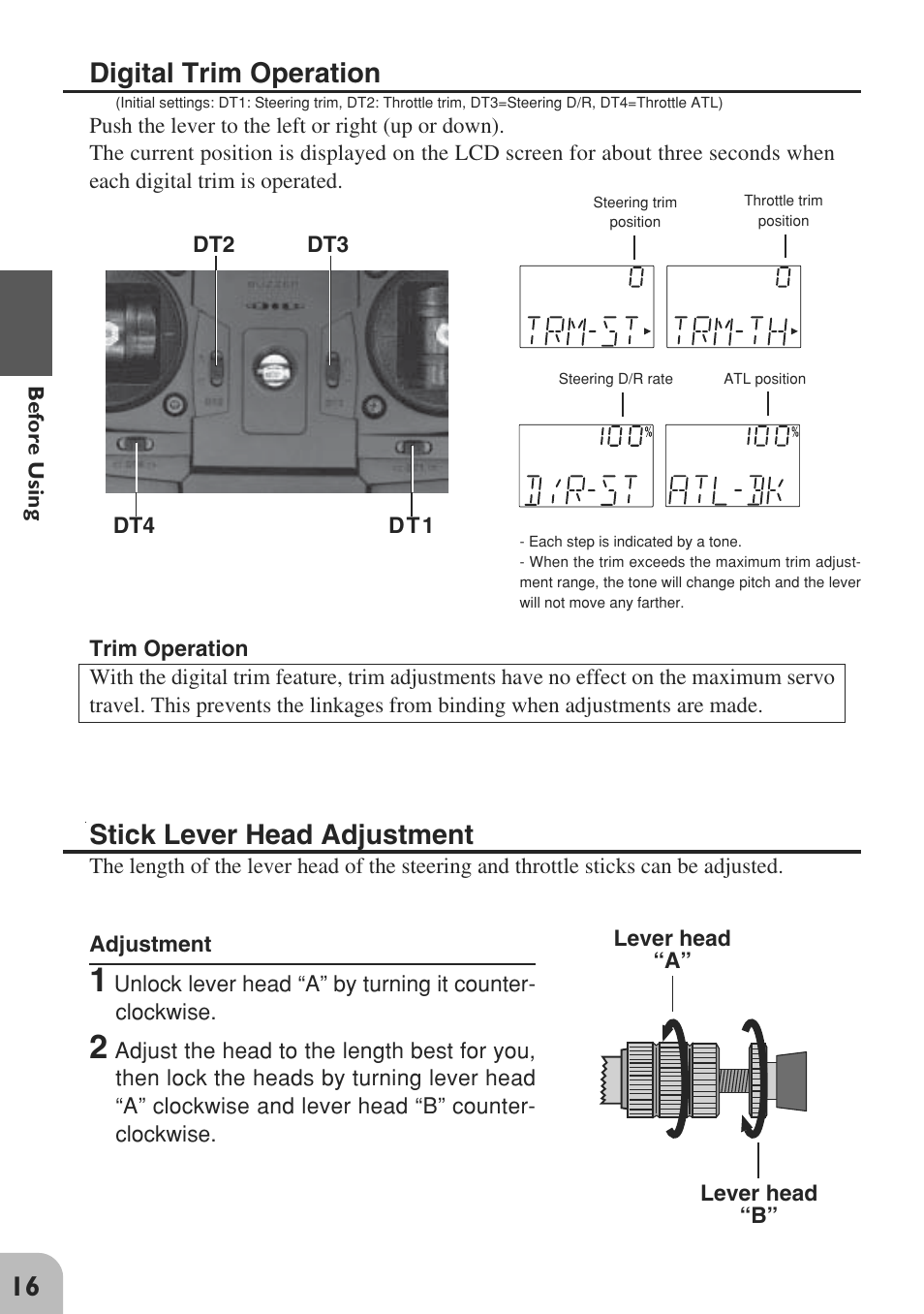 Digital trim operation, Stick lever head adjustment | Futaba 3GR 2.4GHz User Manual | Page 15 / 61