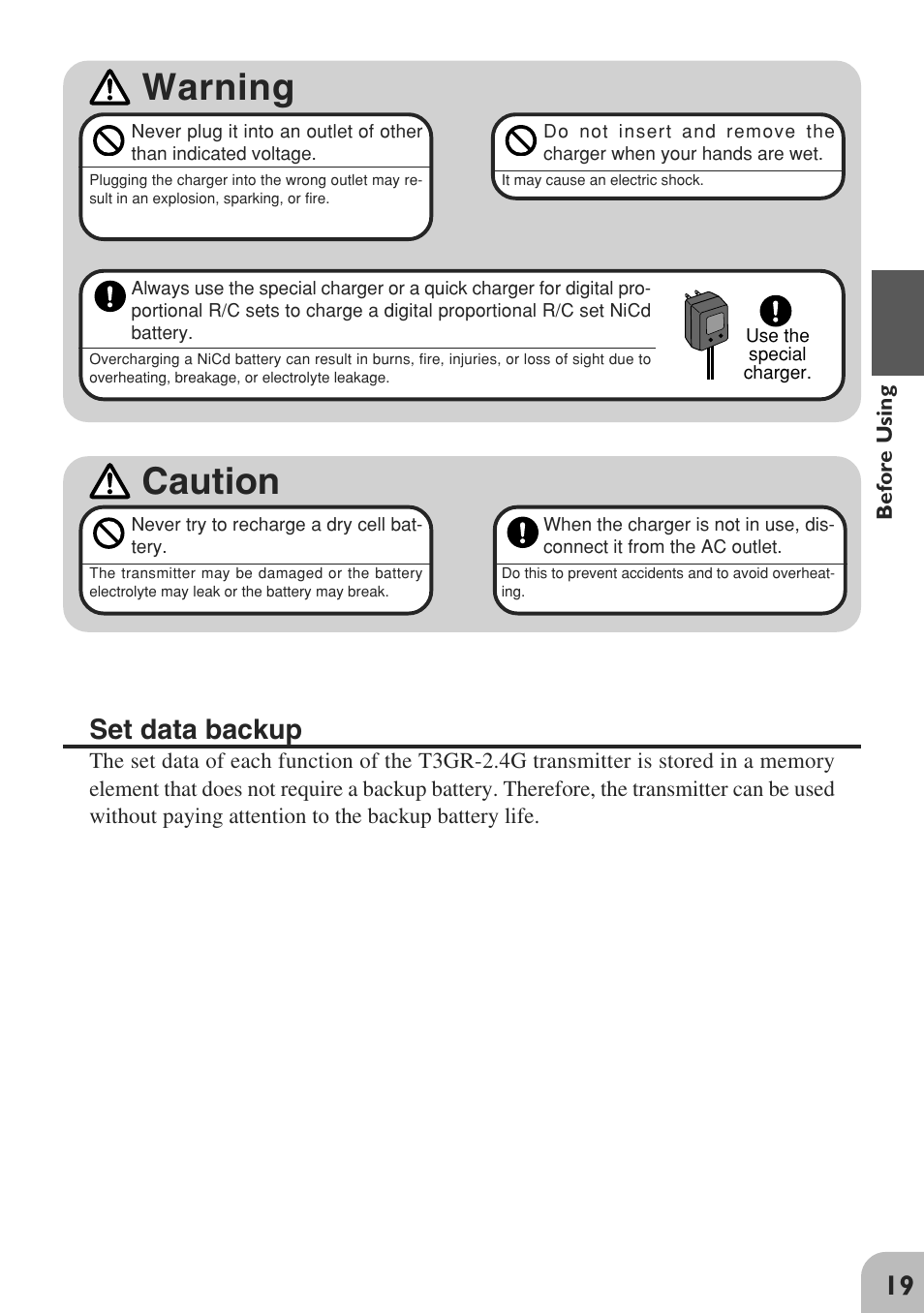 Caution, Warning, Set data backup | Futaba 3GR 2.4GHz User Manual | Page 18 / 61