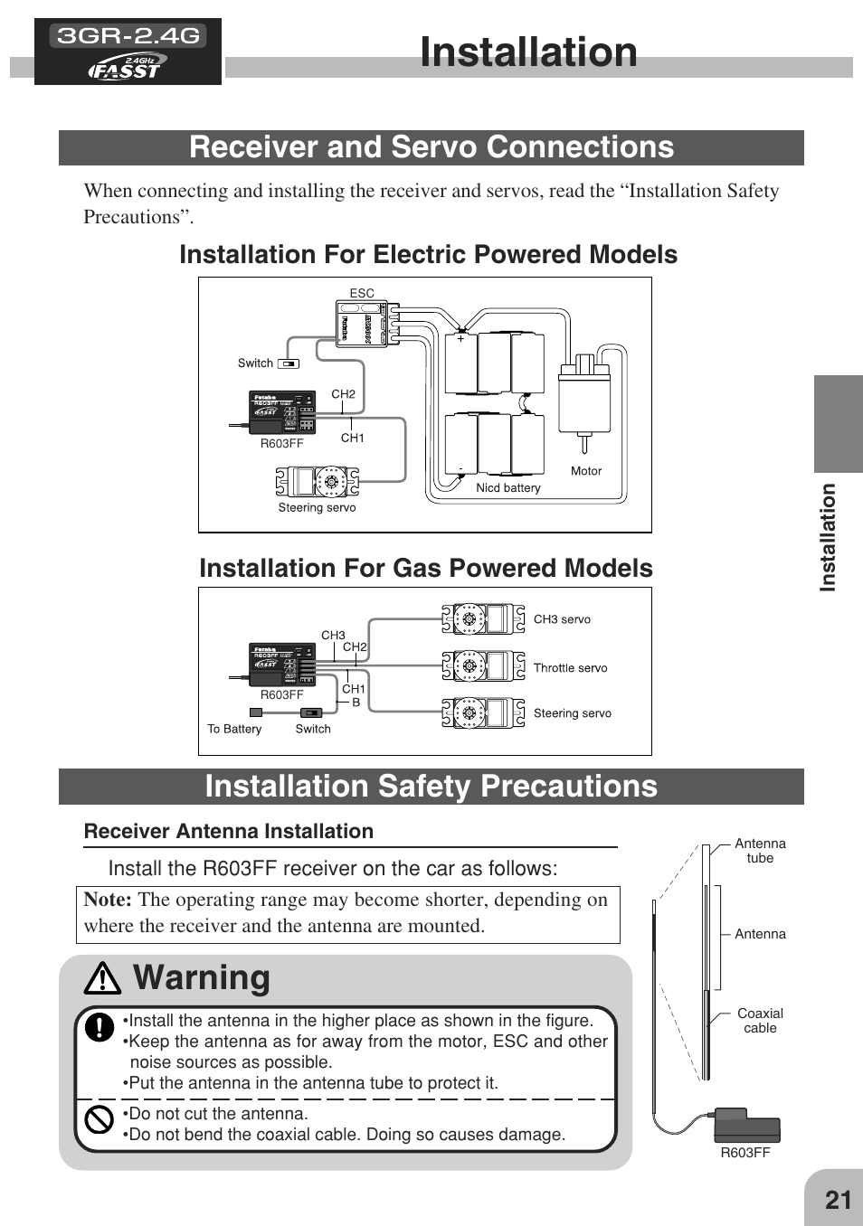 Installation, Warning, Receiver and servo connections | Installation safety precautions, Installation for electric powered models, Installation for gas powered models | Futaba 3GR 2.4GHz User Manual | Page 20 / 61