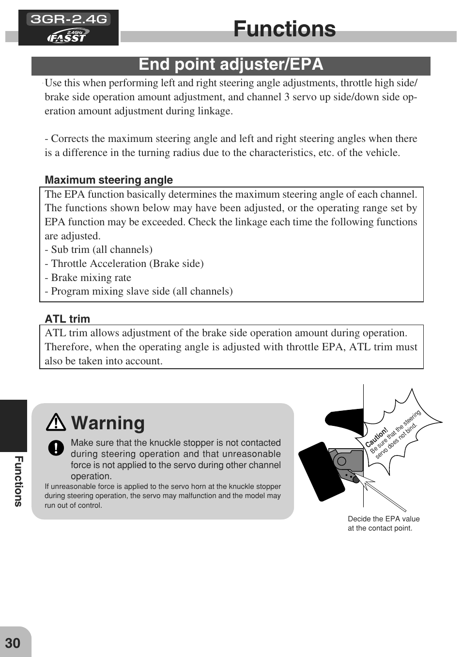 Functions, Warning, End point adjuster/epa | Futaba 3GR 2.4GHz User Manual | Page 29 / 61