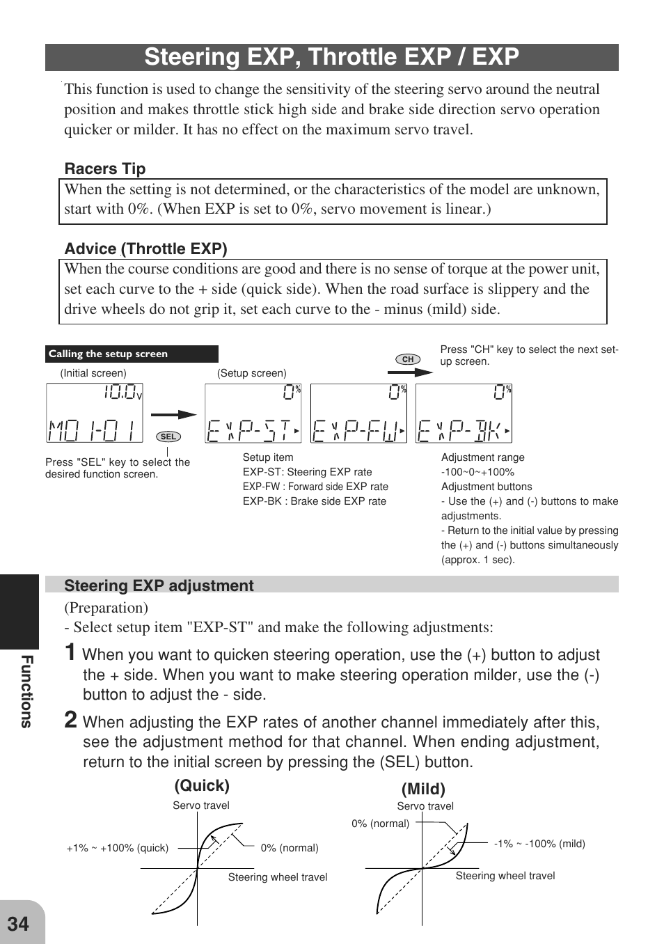 Steering exp, throttle exp / exp, Functions, Quick) (mild) | Futaba 3GR 2.4GHz User Manual | Page 33 / 61