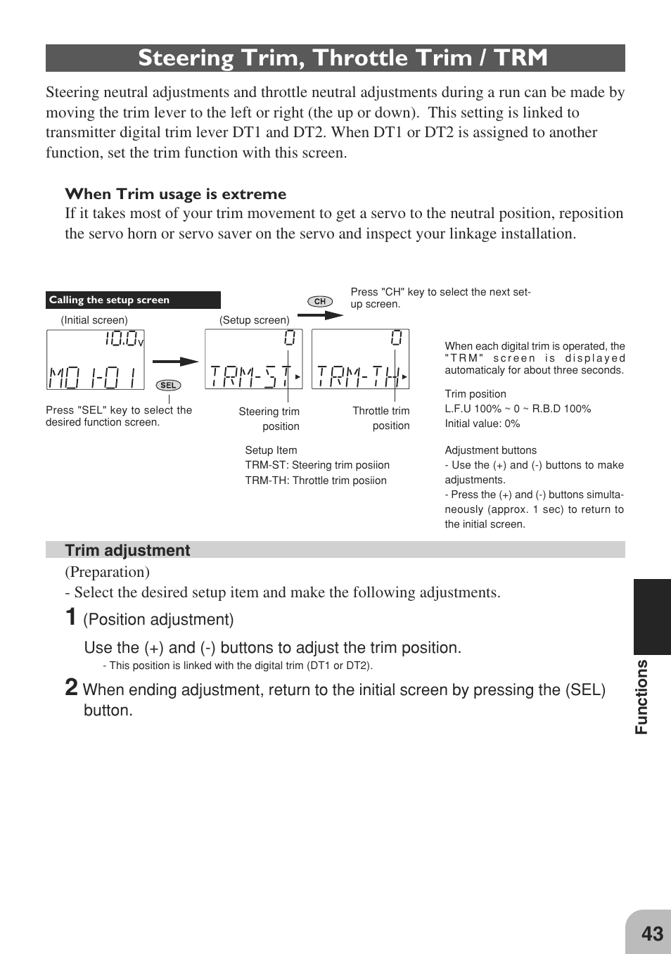 Steering trim, throttle trim / trm | Futaba 3GR 2.4GHz User Manual | Page 42 / 61