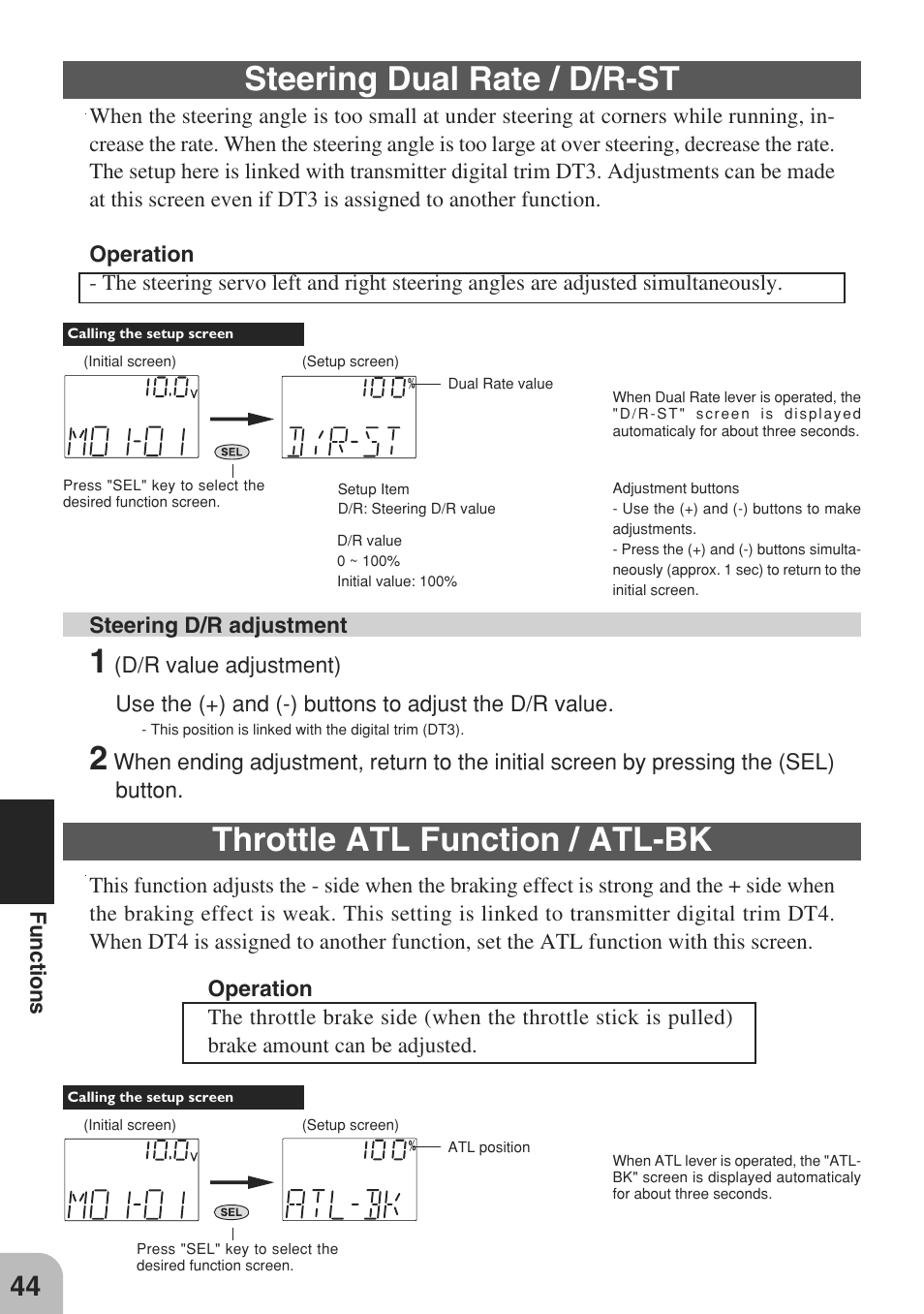 Steering dual rate / d/r-st, Throttle atl function / atl-bk | Futaba 3GR 2.4GHz User Manual | Page 43 / 61
