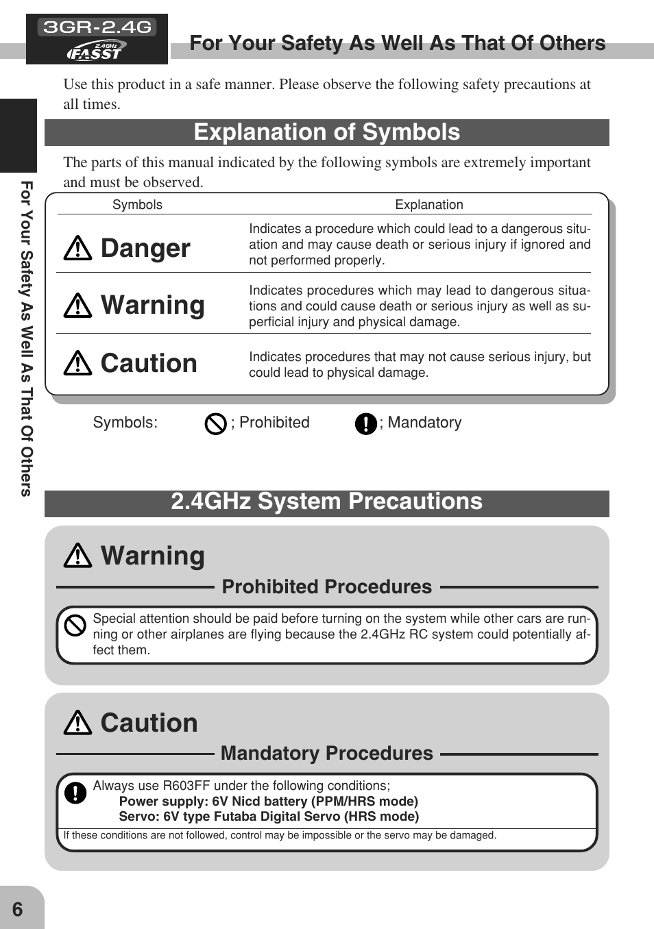 Danger, Warning, Caution | Explanation of symbols, 4ghz system precautions, For your safety as well as that of others | Futaba 3GR 2.4GHz User Manual | Page 5 / 61