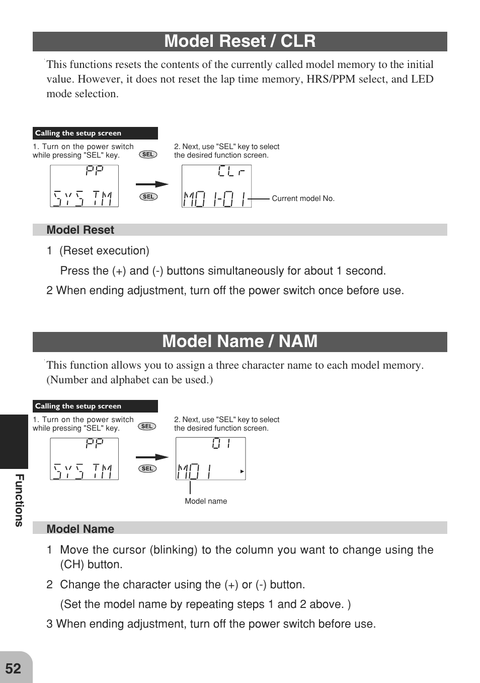 Model reset / clr, Model name / nam | Futaba 3GR 2.4GHz User Manual | Page 51 / 61