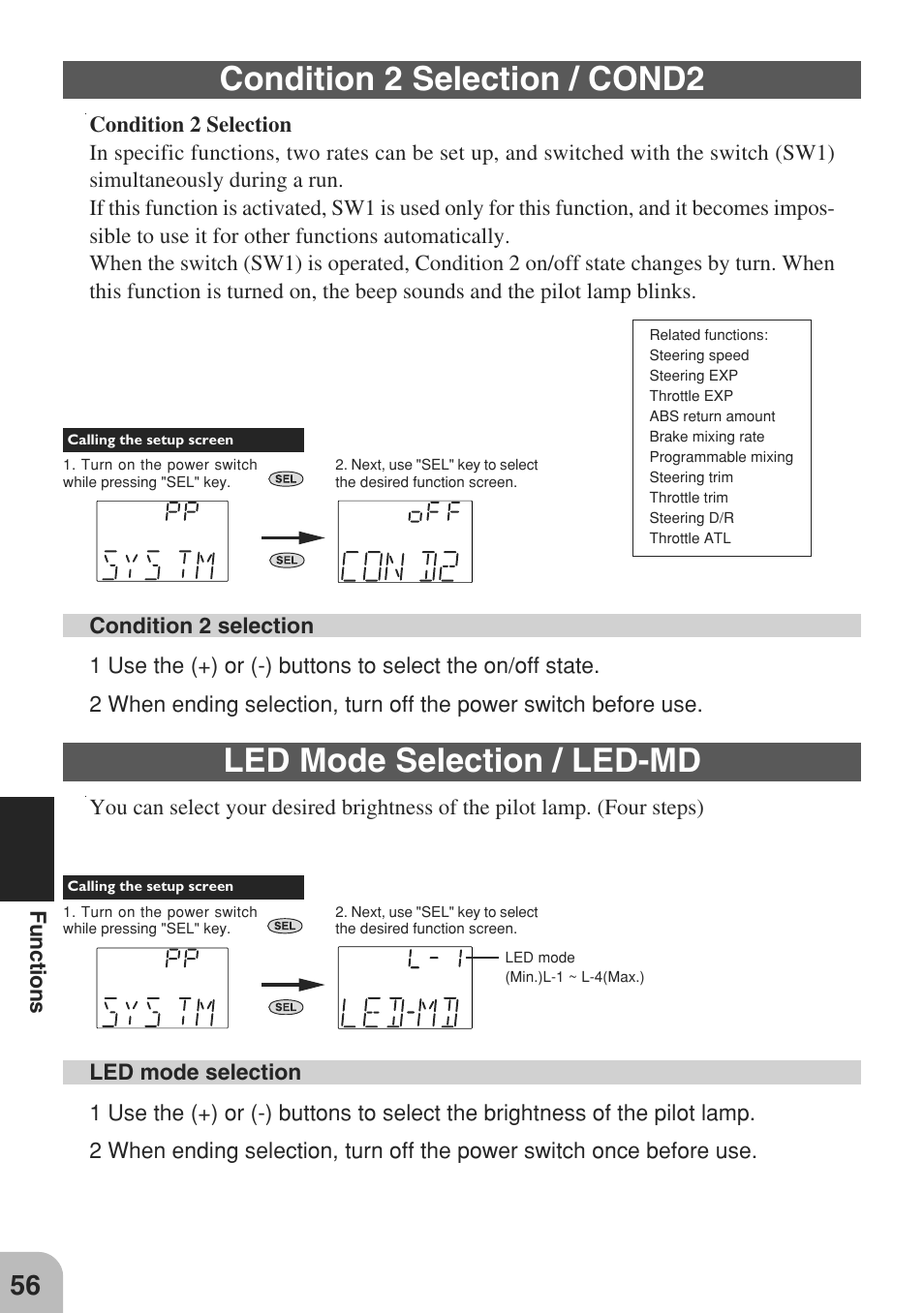 Condition 2 selection / cond2, Led mode selection / led-md | Futaba 3GR 2.4GHz User Manual | Page 55 / 61