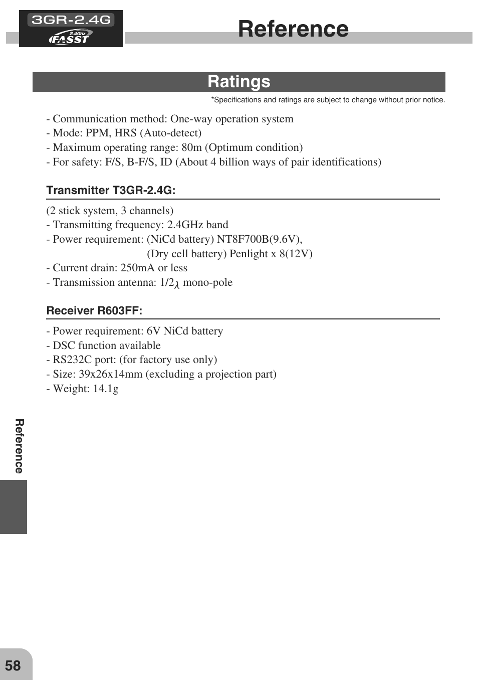 Reference, Ratings | Futaba 3GR 2.4GHz User Manual | Page 57 / 61
