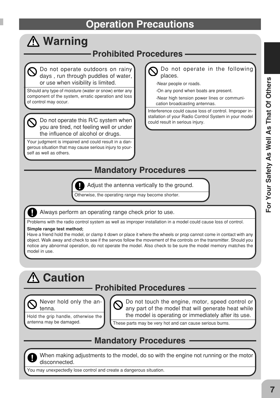 Warning, Caution, Operation precautions | Prohibited procedures, Mandatory procedures | Futaba 3GR 2.4GHz User Manual | Page 6 / 61