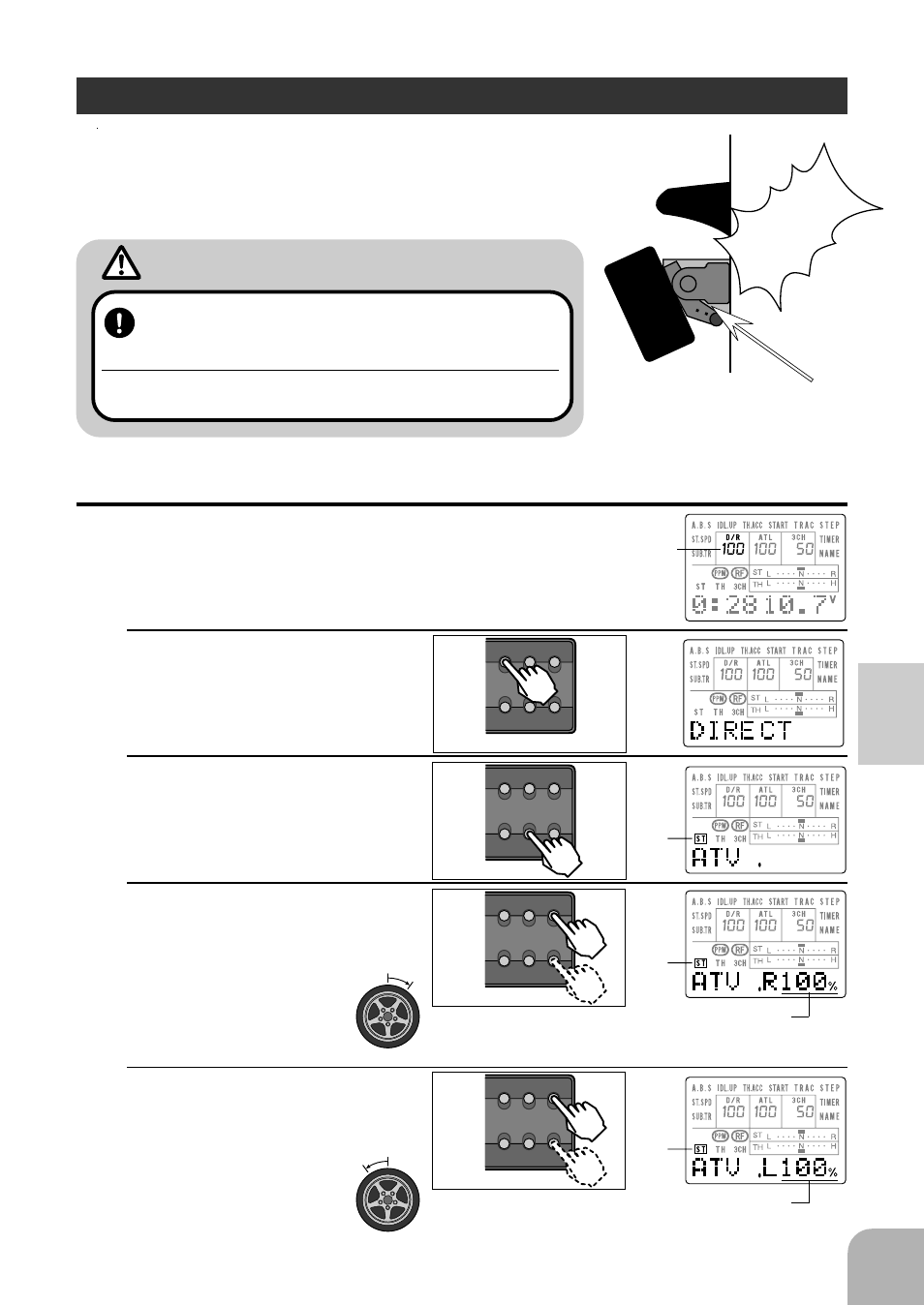 Steering atv, Warning, Direct mode functions | 100% blink blink blink | Futaba 3PJS User Manual | Page 33 / 110