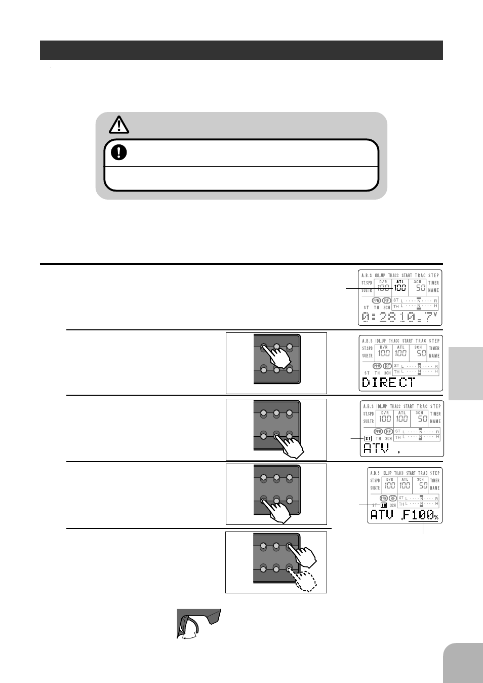 Throttle atv, Warning, Direct mode functions | Setting range; 0~120, Blink 100% blink | Futaba 3PJS User Manual | Page 35 / 110