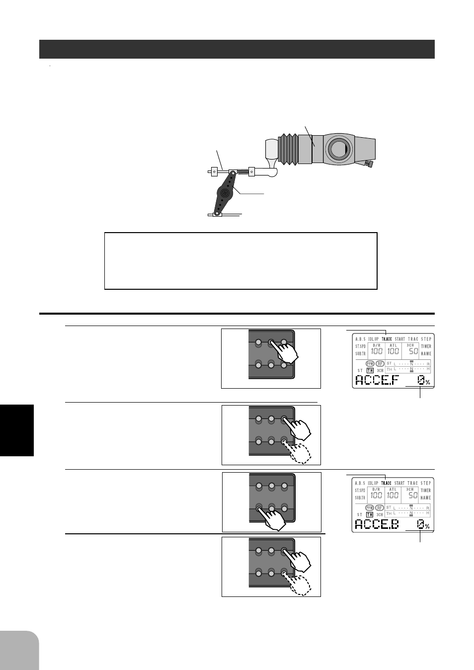 Throttle acceleration, Select mode functions, Carburetor servo horn brake side | Futaba 3PJS User Manual | Page 56 / 110
